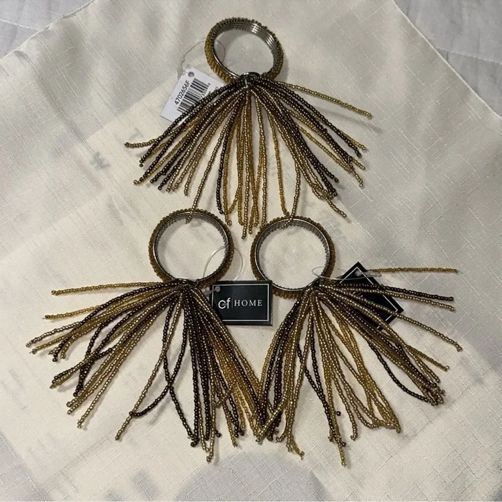 C&F Home Gold Set of 8 Tone Brown Shades Beaded Tasseled Dinner Napkin Rings